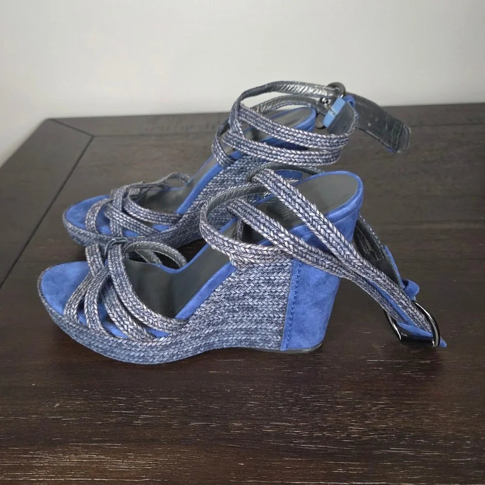 Stuart Weitzman Blue Suede Platform Wedge Sandals Strappy Women's Size 8 - Picture 3 of 10